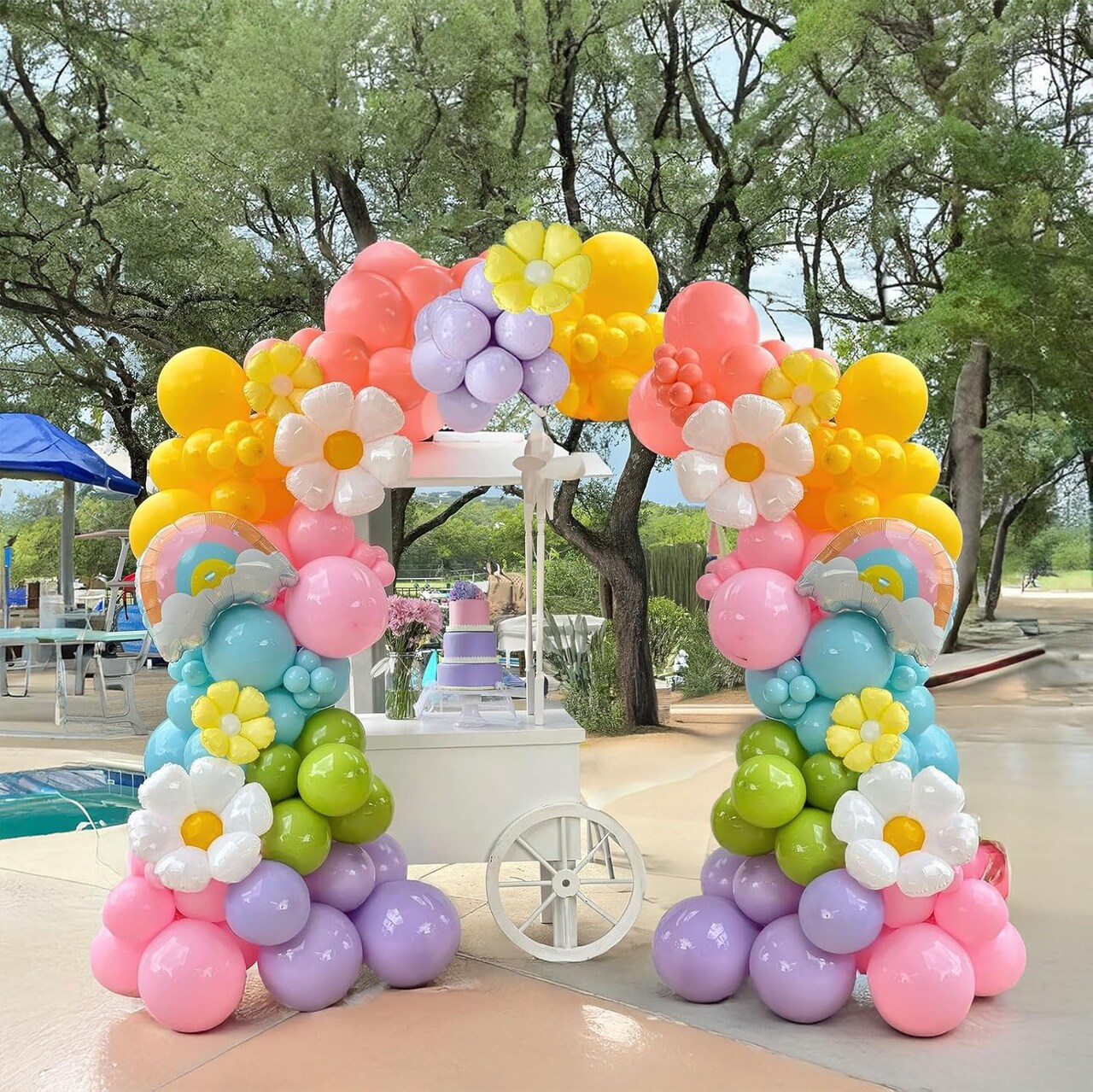 Pastel Daisy balloon arch kit 135Pcs Pastel pink yellow green blue red Purple balloons with rainbow daisy Flowr balloon for spring Baby Shower Easter Birthday tea Party spring decorations